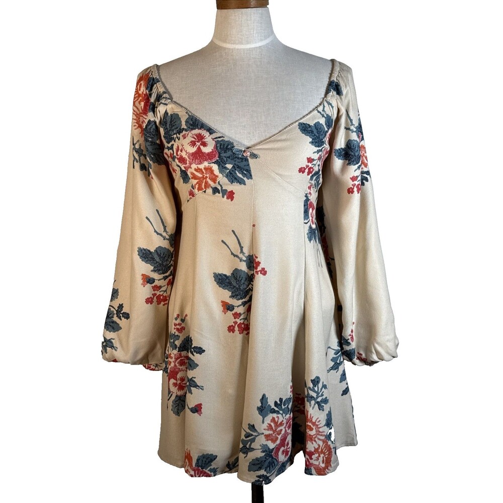 NWT Free People Francesca Boho Mini Dress Ivory Floral Long Sleeve V-Neck Small